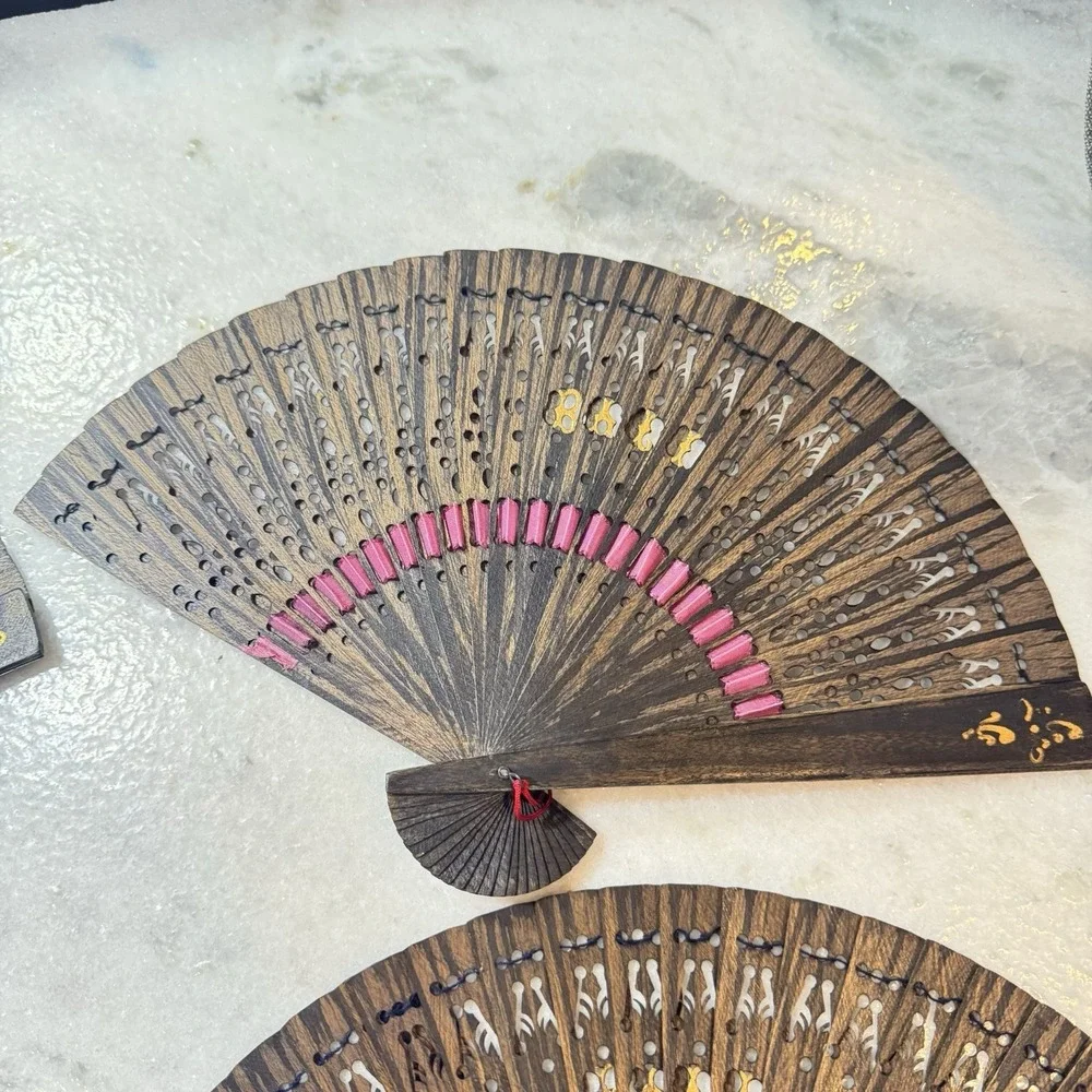 Set of 4 Balinese Hand Carved Wooden Folding‎ Fans Vintage Bali Decor Multicolor